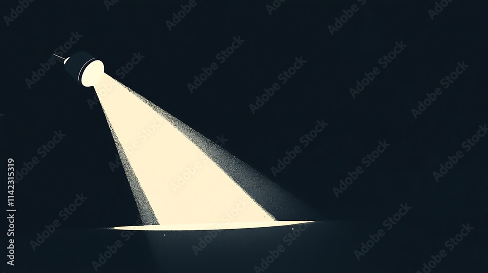 Simple, minimalist cartoon of a spotlight shining on an empty black background, creating anticipation and focus