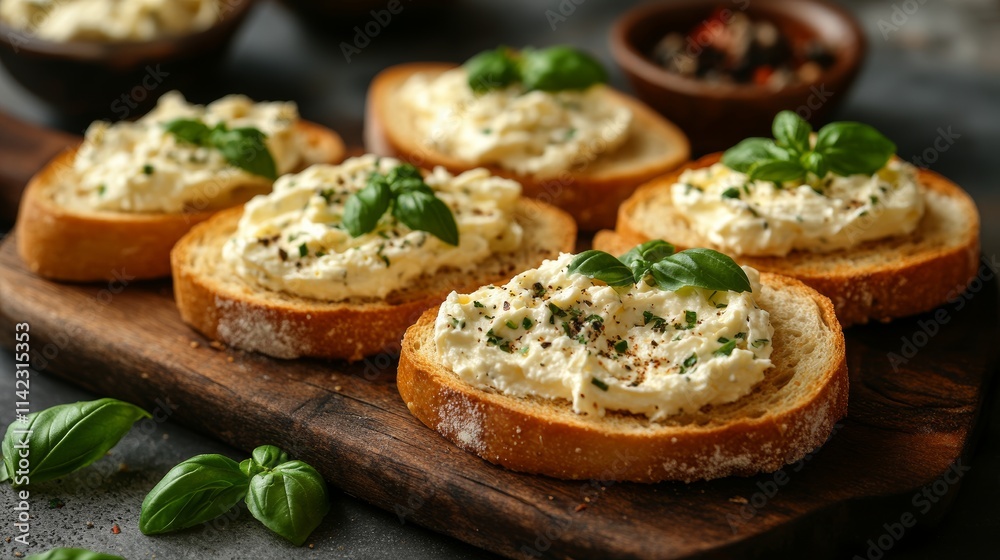Toasted slices of baguette with cream cheese, basil and pepper, resting on wooden cutting board Toasted slices of baguette with cream cheese, basil and pepper, resting on wooden cutting board