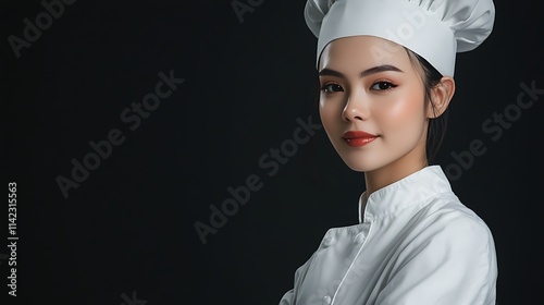 Creative female model in professional chef attire, posing in the studio