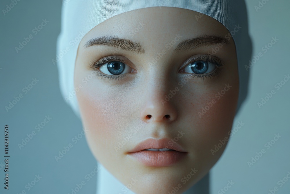 A woman's face is shown in a white hat A woman's face is shown in a white hat