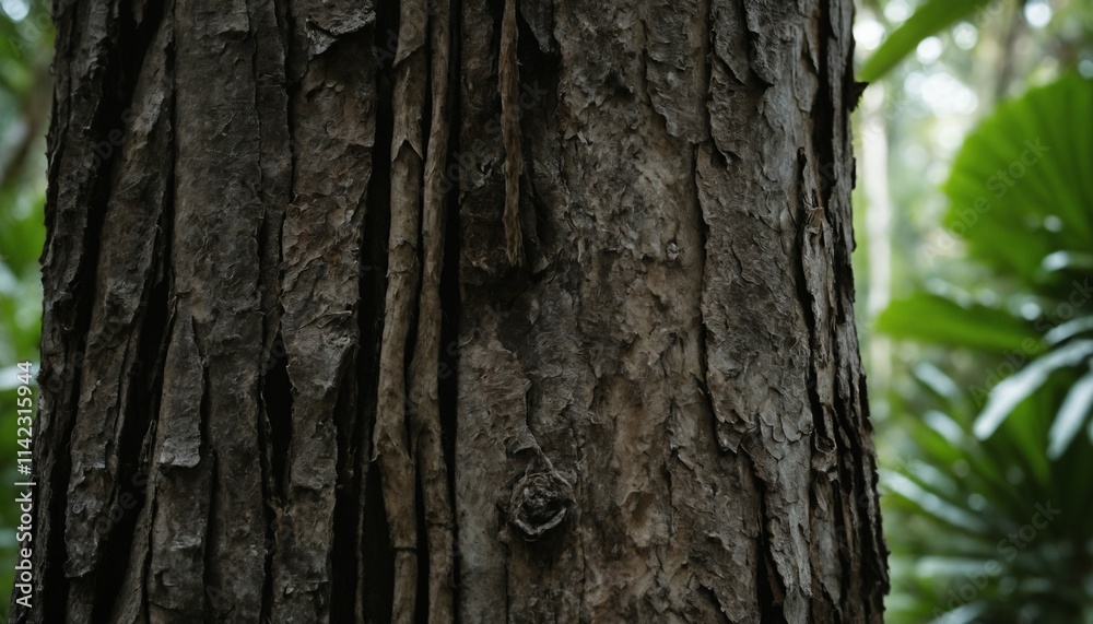 Rough bark texture with faint, blurred jungle canopy behind Rough bark texture with faint, blurred jungle canopy behind