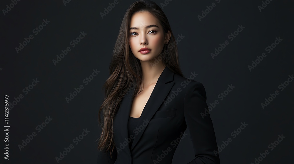 Female model in sophisticated black suit, sharp modern lighting,