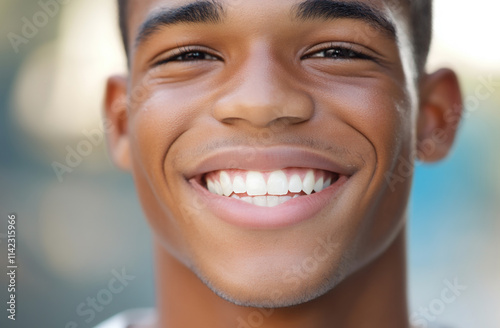 Close-up of a young man smiling confidently, showing clearer skin after a skincare journey photo