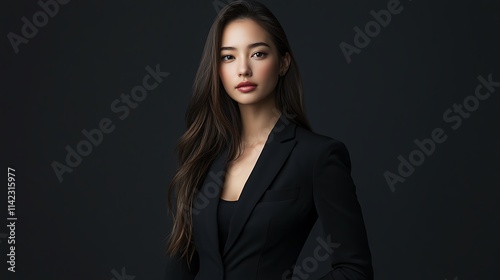 Obraz na płótnie Female model in sophisticated black suit, sharp modern lighting, w salonie