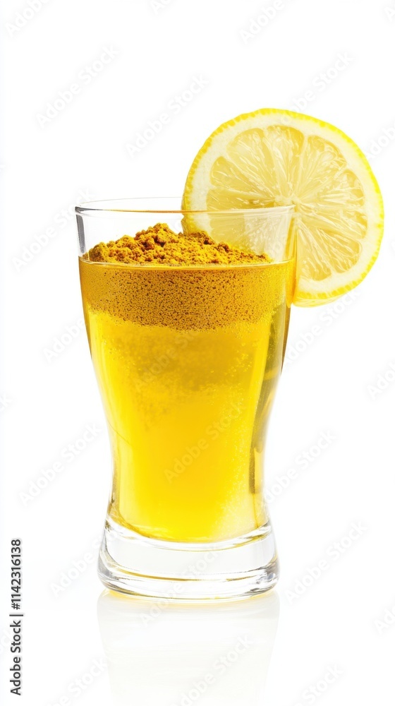 Golden turmeric lemonade garnished with lemon slice and sprinkled turmeric, presented on a minimalistic white background Golden turmeric lemonade garnished with lemon slice and sprinkled turmeric, presented on a minimalistic white background