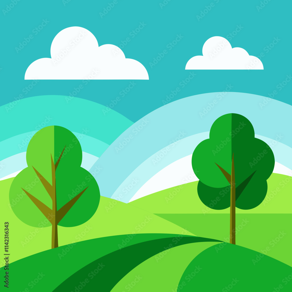 Natural Landscape with Rolling Green Hills and Clear Blue Sky Design Natural Landscape with Rolling Green Hills and Clear Blue Sky Design
