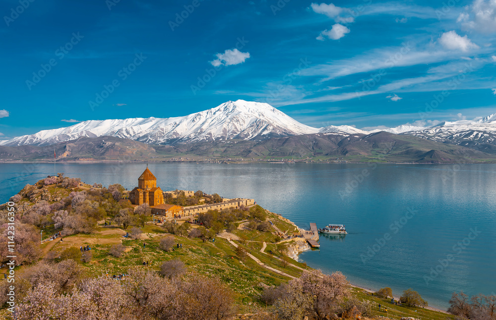Akdamar Island in Van Lake. The Armenian Cathedral Church of the Holy Cross - Akdamar, Turkey