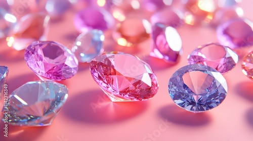 Close-up of multiple colorful gems, various shades of pink, purple, and blue, faceted diamonds or simulated gems on a soft pink background.