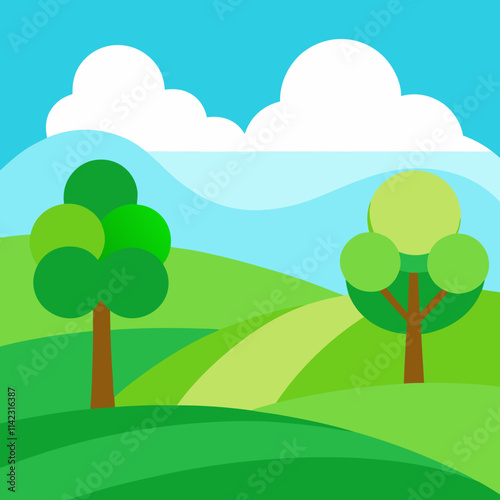 Natural Landscape with Rolling Green Hills and Clear Blue Sky Design