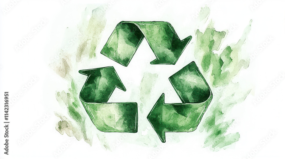 Recycle sustainability watercolor. Recycling symbol illustrated in green watercolor style on a white background. Recycle sustainability watercolor. Recycling symbol illustrated in green watercolor style on a white background.
