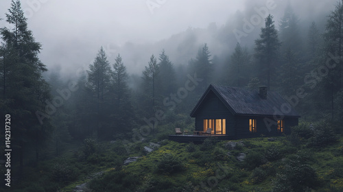 minimalist black wood house stands in misty forest, evoking tranquility