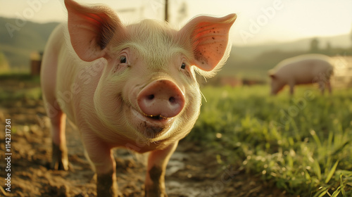 Um leitão rosado feliz em uma fazenda  photo