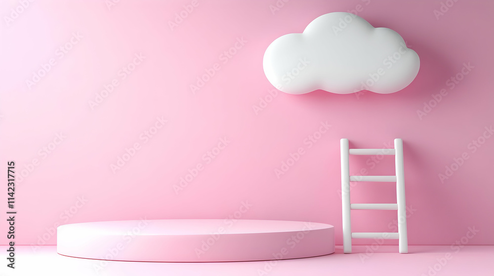 Pink 3D Render Cloud Ladder Platform Illustration Pink 3D Render Cloud Ladder Platform Illustration