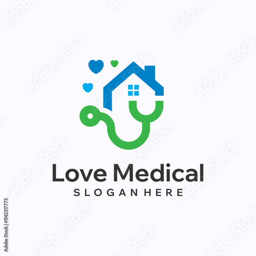 Hospital logo design template. House with stethoscope concept. Creative vector symbol.