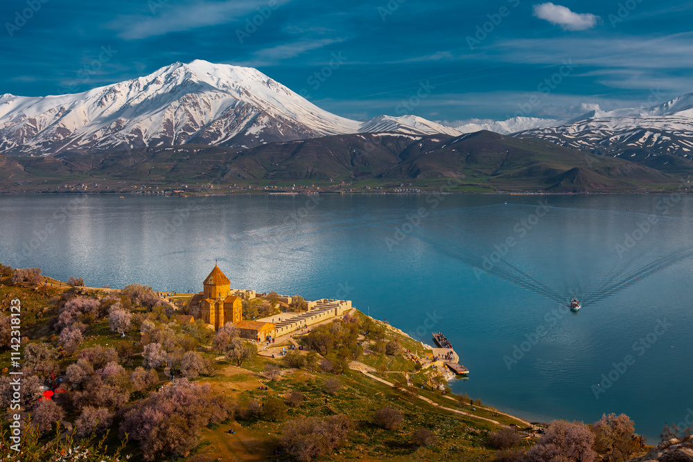 Akdamar Island in Van Lake. The Armenian Cathedral Church of the Holy Cross - Akdamar, Turkey