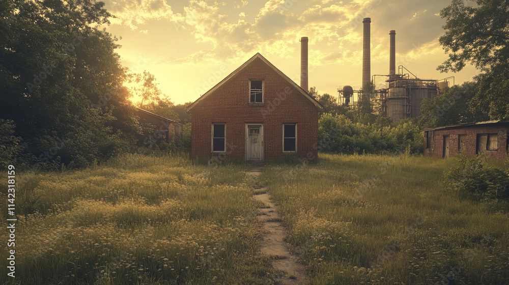 Fototapeta premium lone brick house surrounded by overgrown grass and industrial structures