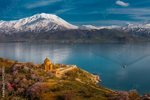 Akdamar Island in Van Lake. The Armenian Cathedral Church of the Holy Cross - Akdamar, Turkey