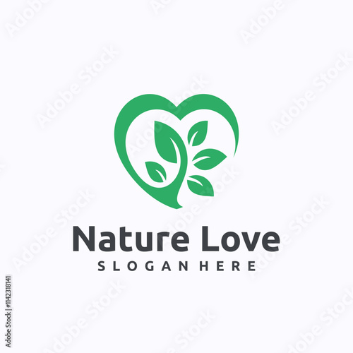 Green leaf with heart logo design template. Vegan and herbal healthcare concept. Creative vector symbol.