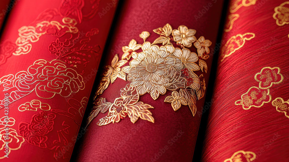 Elegant red envelopes with gold floral designs symbolize prosperity Elegant red envelopes with gold floral designs symbolize prosperity