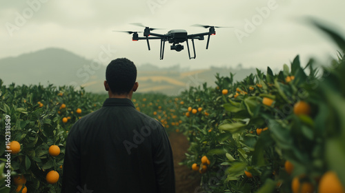 Um homem de costas pilotando um drone sobre uma plantação de laranjas photo