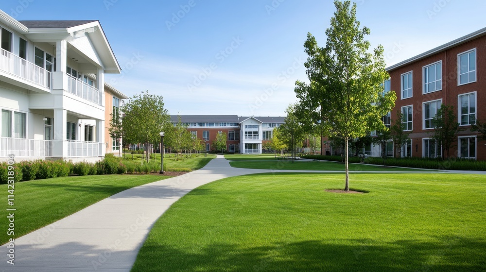 Modern residential area with green lawns and neatly designed pathways under clear blue sky Modern residential area with green lawns and neatly designed pathways under clear blue sky