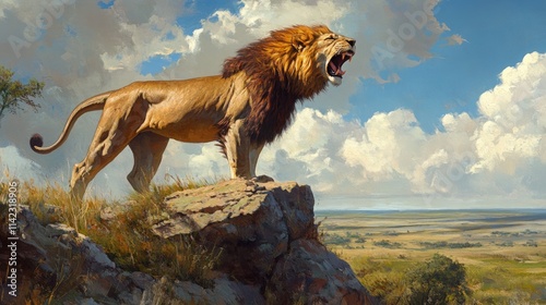 A powerful lion standing atop a rocky outcrop, its mouth open in a mighty roar, with the savanna stretching far into the horizon behind it. photo