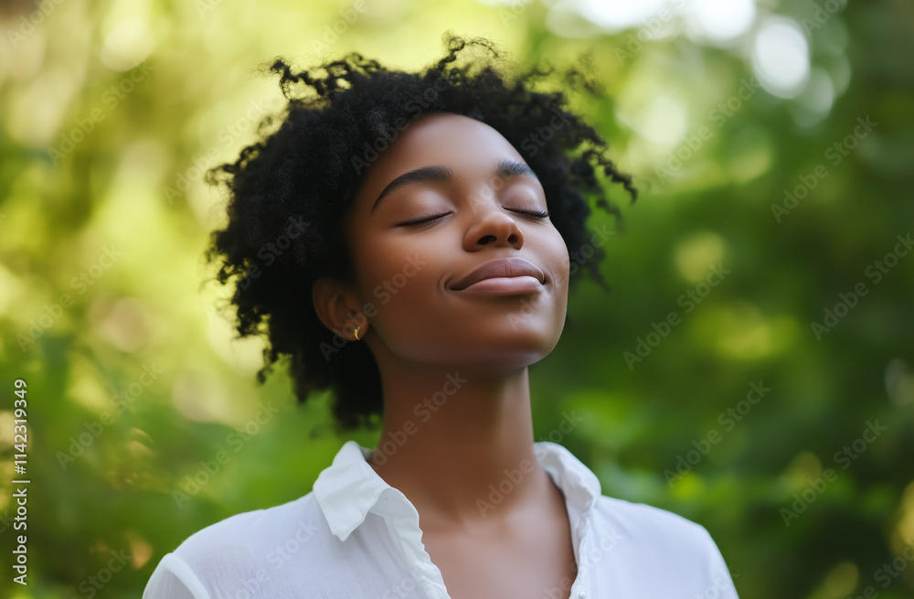 A serene young Black woman with natural curly hair and closed eyes enjoying a moment of calm in a lush green outdoor setting. Concept of mindfulness, peace, and self-care A serene young Black woman with natural curly hair and closed eyes enjoying a moment of calm in a lush green outdoor setting. Concept of mindfulness, peace, and self-care