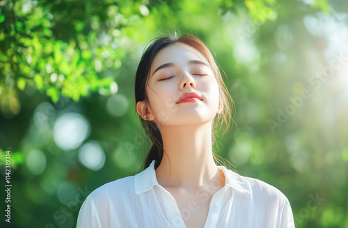 Peaceful young woman with closed eyes and a relaxed expression, enjoying sunlight and fresh air outdoors surrounded by green foliage