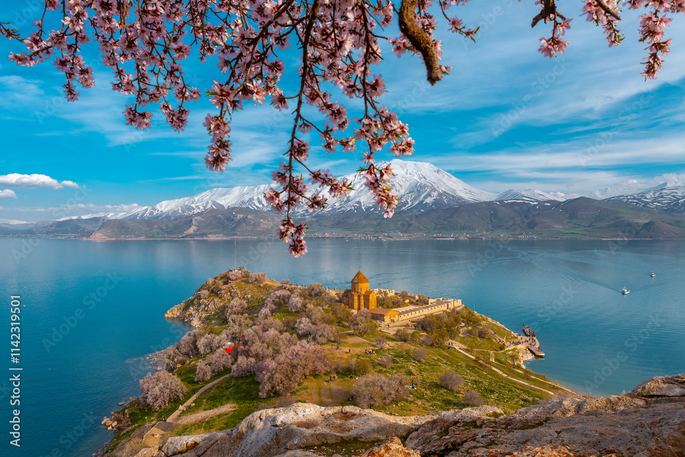 Akdamar Island in Van Lake. The Armenian Cathedral Church of the Holy Cross - Akdamar, Turkey