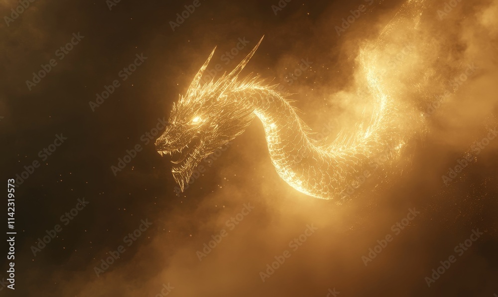 Glowing golden dragon, smoke, dark background. Glowing golden dragon, smoke, dark background.