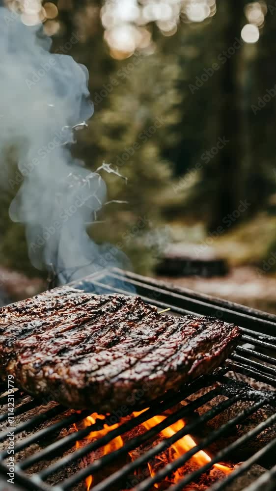Grilling steak over an open flame in a forest setting during a sunny afternoon Grilling steak over an open flame in a forest setting during a sunny afternoon