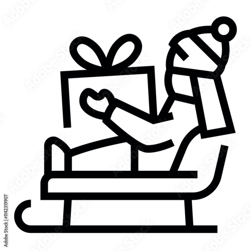 Boy on a sleigh with a gift line black icon. Sign for web page, mobile app, button, logo.