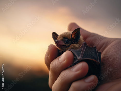 close up shot of hand holding tiny rehabilitated bat, showcasing its delicate features and warm photo