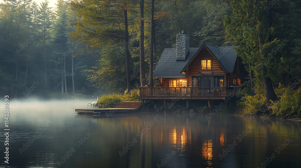 Fototapeta premium cozy riverfront home with wooden deck and mist rising from water