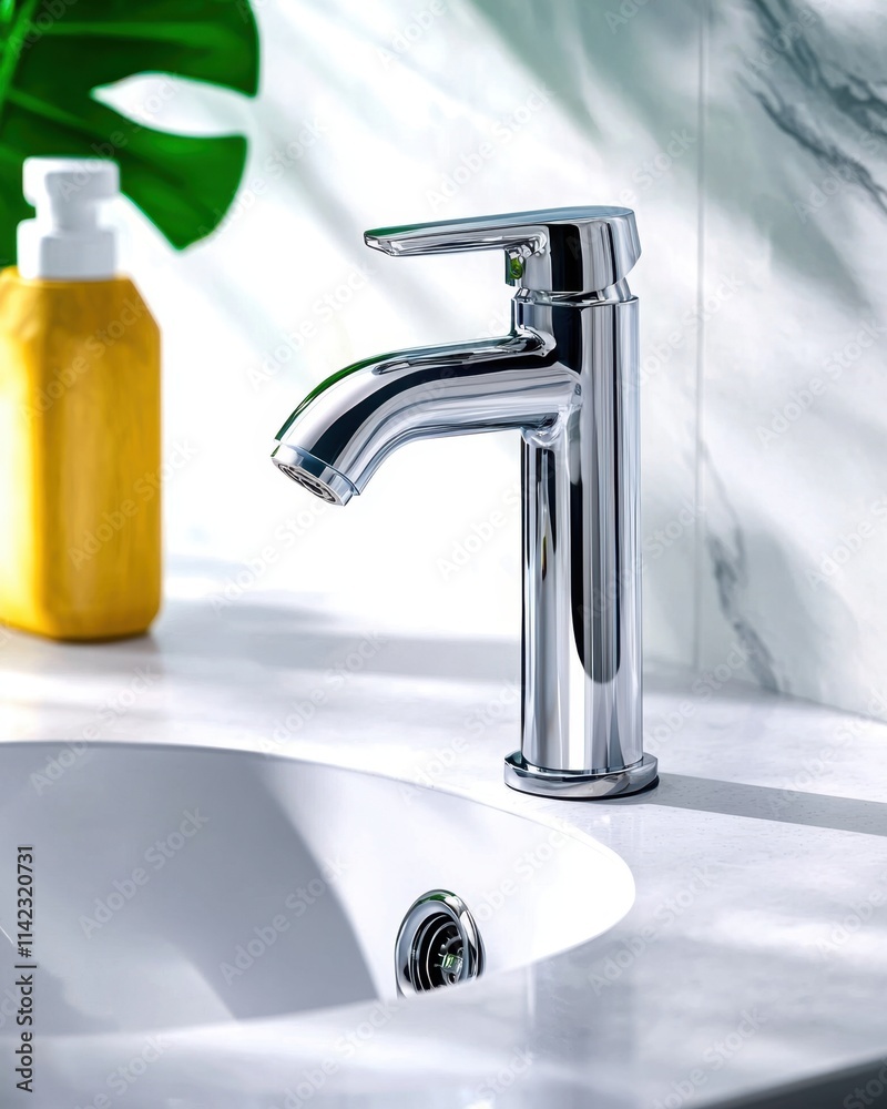 Sparkle and hygiene in bathroom concept. Modern chrome faucet next to a white sink and yellow soap bottle Sparkle and hygiene in bathroom concept. Modern chrome faucet next to a white sink and yellow soap bottle