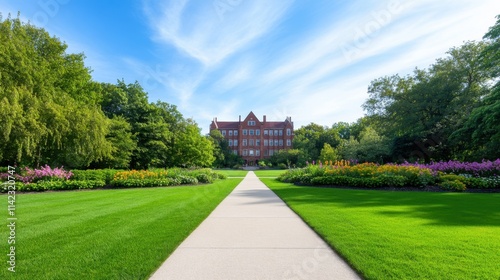 Lush Green Pathway Leading to Historic Building Surrounded by Colorful Flowers in Bright Blue Sky