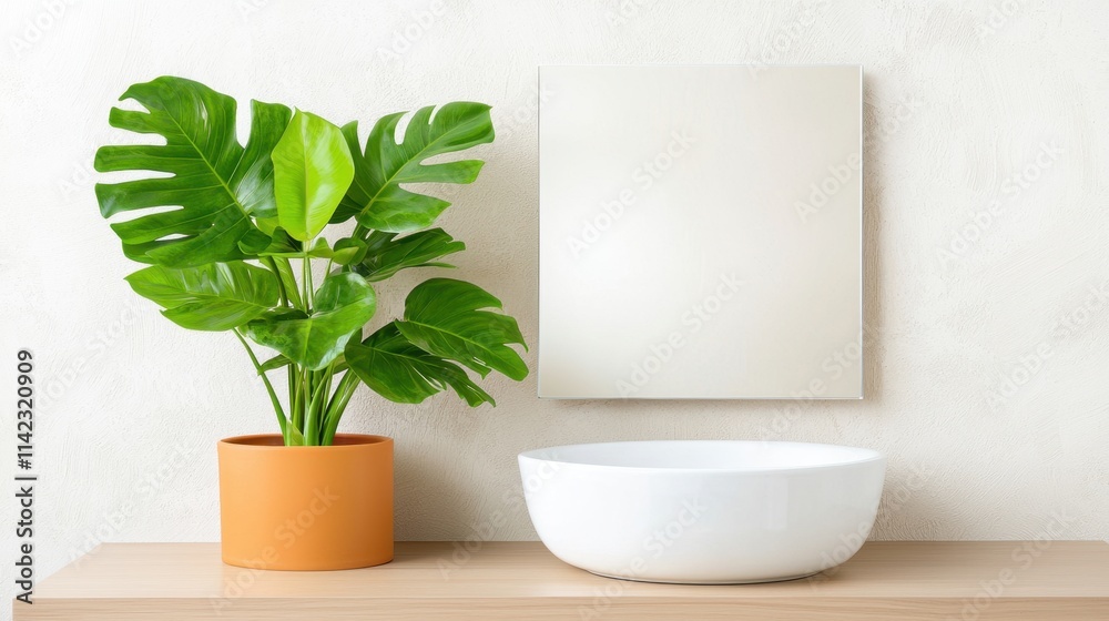 Fototapeta premium Sparkle and hygiene in bathroom concept. Modern interior with a plant and a minimalist bowl on a wooden surface