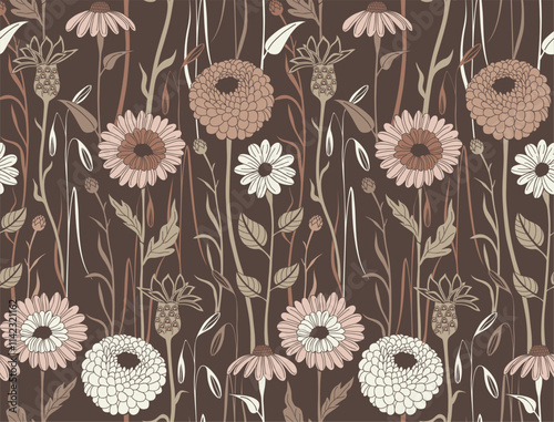 Floral with wild flowers seamless background in pantone color palette