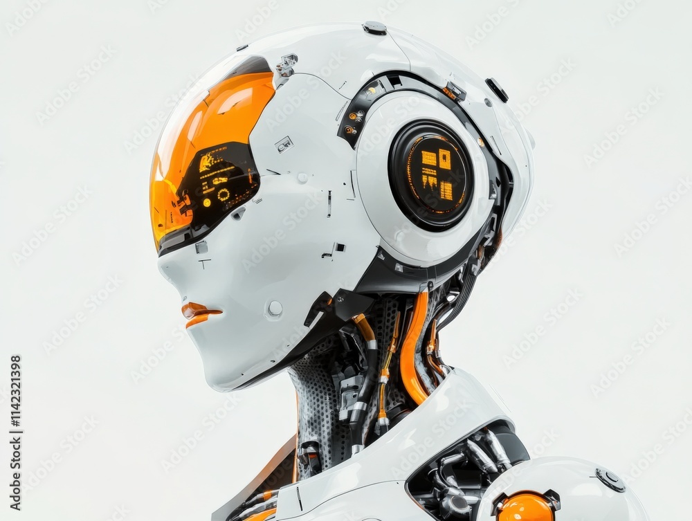 futuristic robot with white and orange features futuristic robot with white and orange features