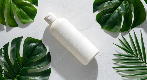 White label hair conditioner bottle with tropical vibes on white background