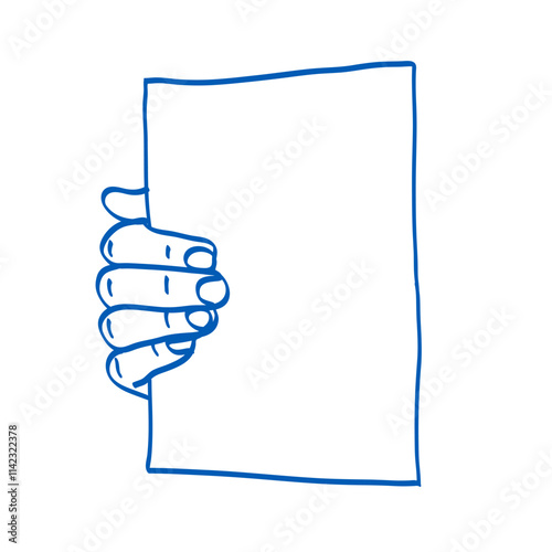 Hand holding a sheet of paper. Doodle vector illustration. Index, middle, ring, little fingers and thumb