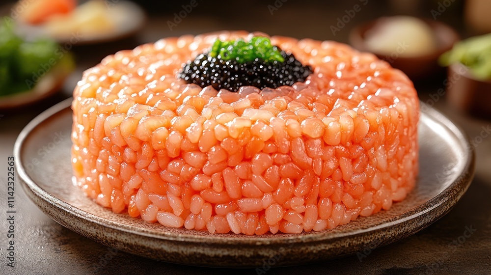Decorative sushi rice cake topped with salmon and caviar. Decorative sushi rice cake topped with salmon and caviar.