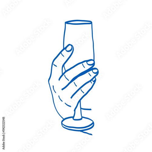 Hand holding a champagne glass. Blue doodle vector illustration. Index, middle, ring, little fingers and thumb