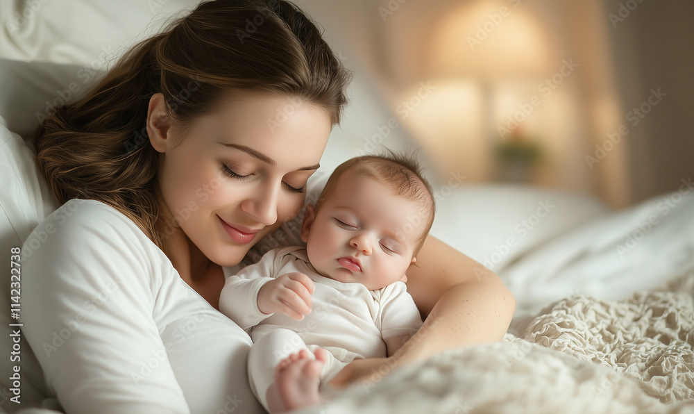 A serene moment of a mother holding her sleeping baby, exuding warmth and affection in a cozy, softly lit environment. A serene moment of a mother holding her sleeping baby, exuding warmth and affection in a cozy, softly lit environment.