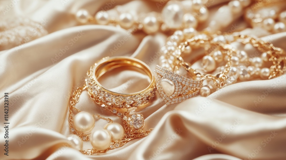 Elegant Gold Jewelry on Satin Cloth with Warm Lighting Elegant Gold Jewelry on Satin Cloth with Warm Lighting