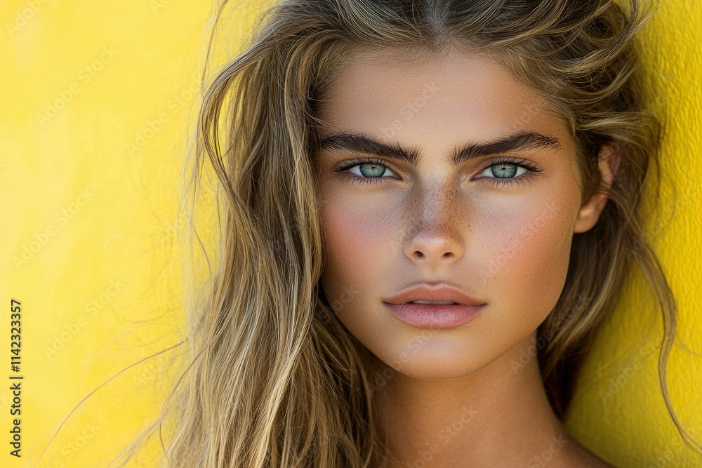 Naklejka premium Beautiful Woman With Long Blonde Hair Against Yellow Background