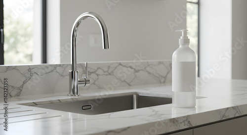 White label hand wash bottle in a clean modern kitchen photo