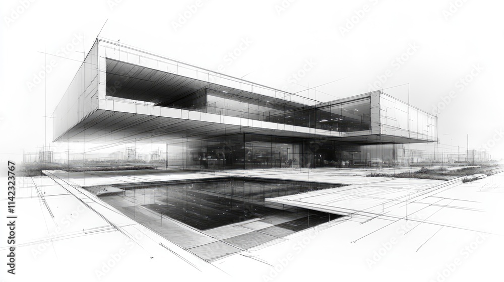 Modern architecture sketch, house design, blueprint, pool. Modern architecture sketch, house design, blueprint, pool.