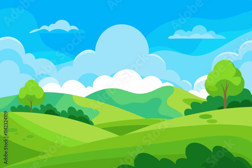 Natural Landscape with Rolling Green Hills and Clear Blue Sky Design