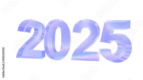 3d 2025 with aberration effect isolated on a transparent background. Blue tone. 3d transparent elements for graphic design.